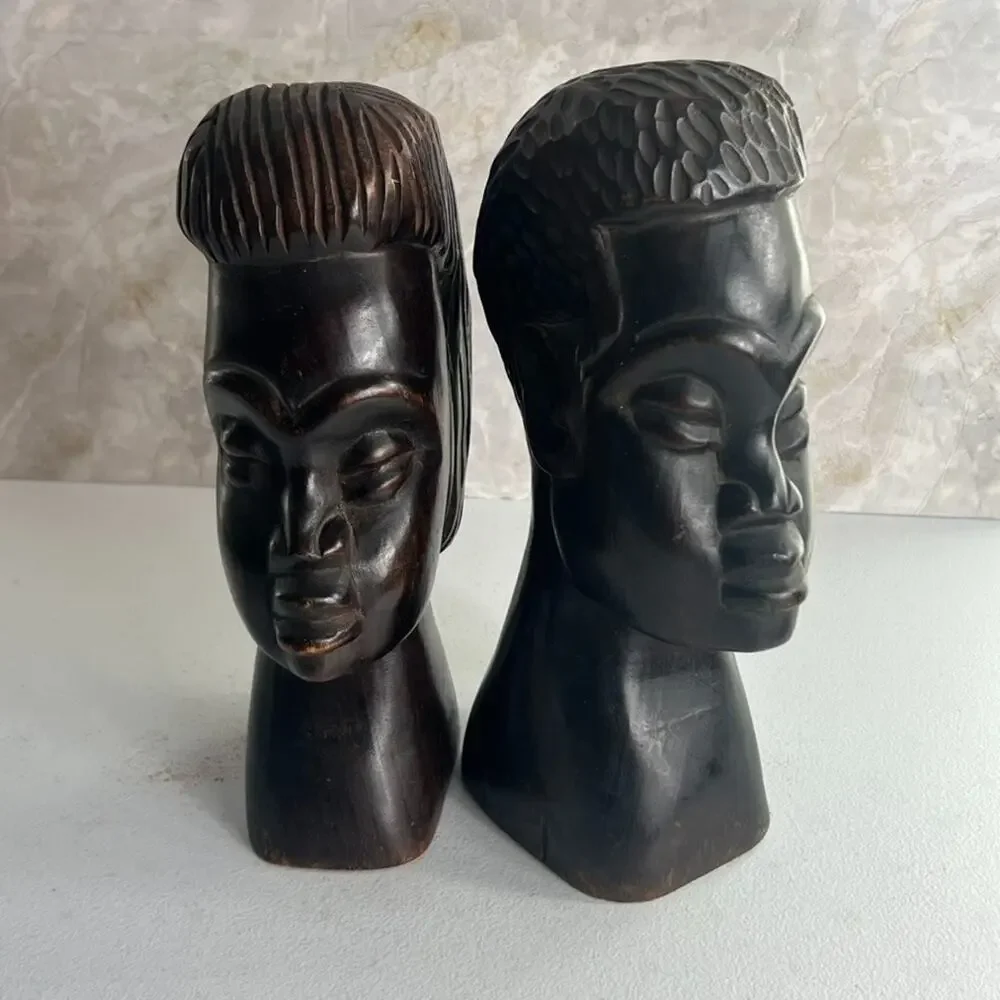 Vintage African Hand Carved Ebony Wood Head Sculptures 10.5